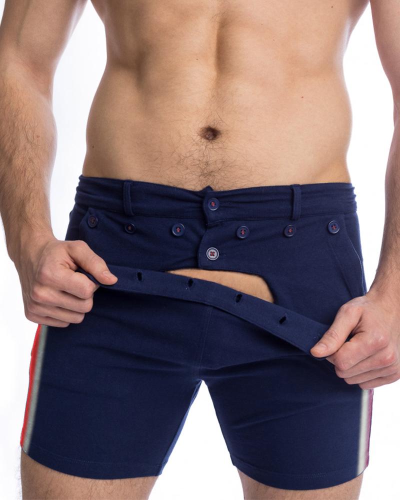 

Solid Color Side Striped Splicing Buttons Skinny Short Pants, Purplish blue