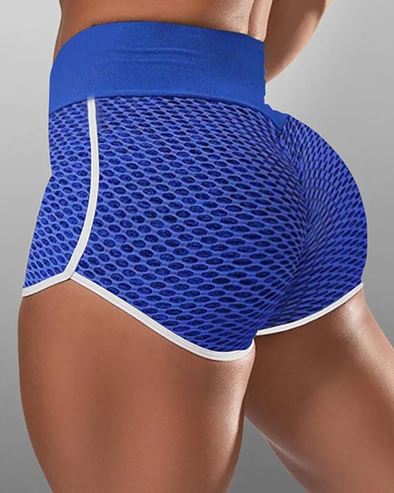 

High Waist Contrast Binding Textured Yoga Shorts, Blue