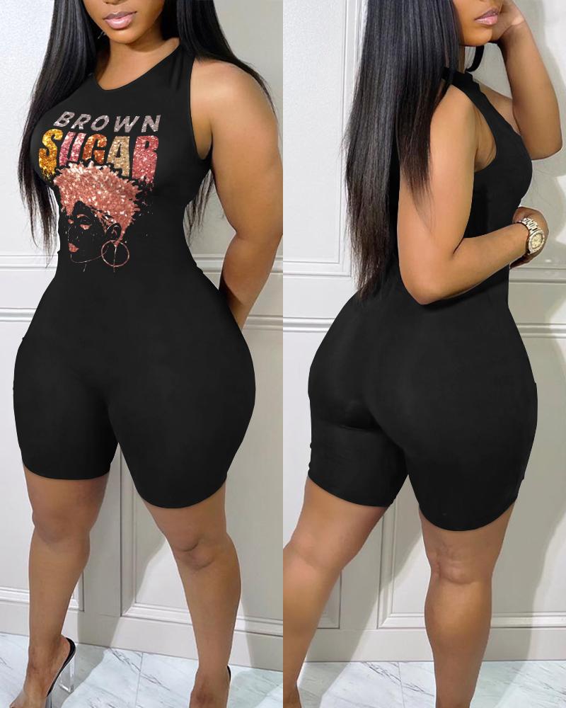 

Brown Sugar Afro Queen Print Sleeveless Skinny Romper, Black