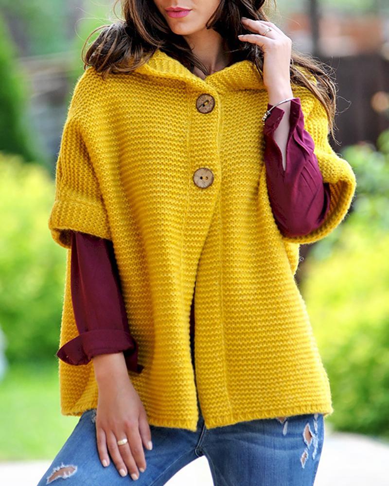 

Knit Button Design Half Sleeve Hooded Cardigan, Yellow