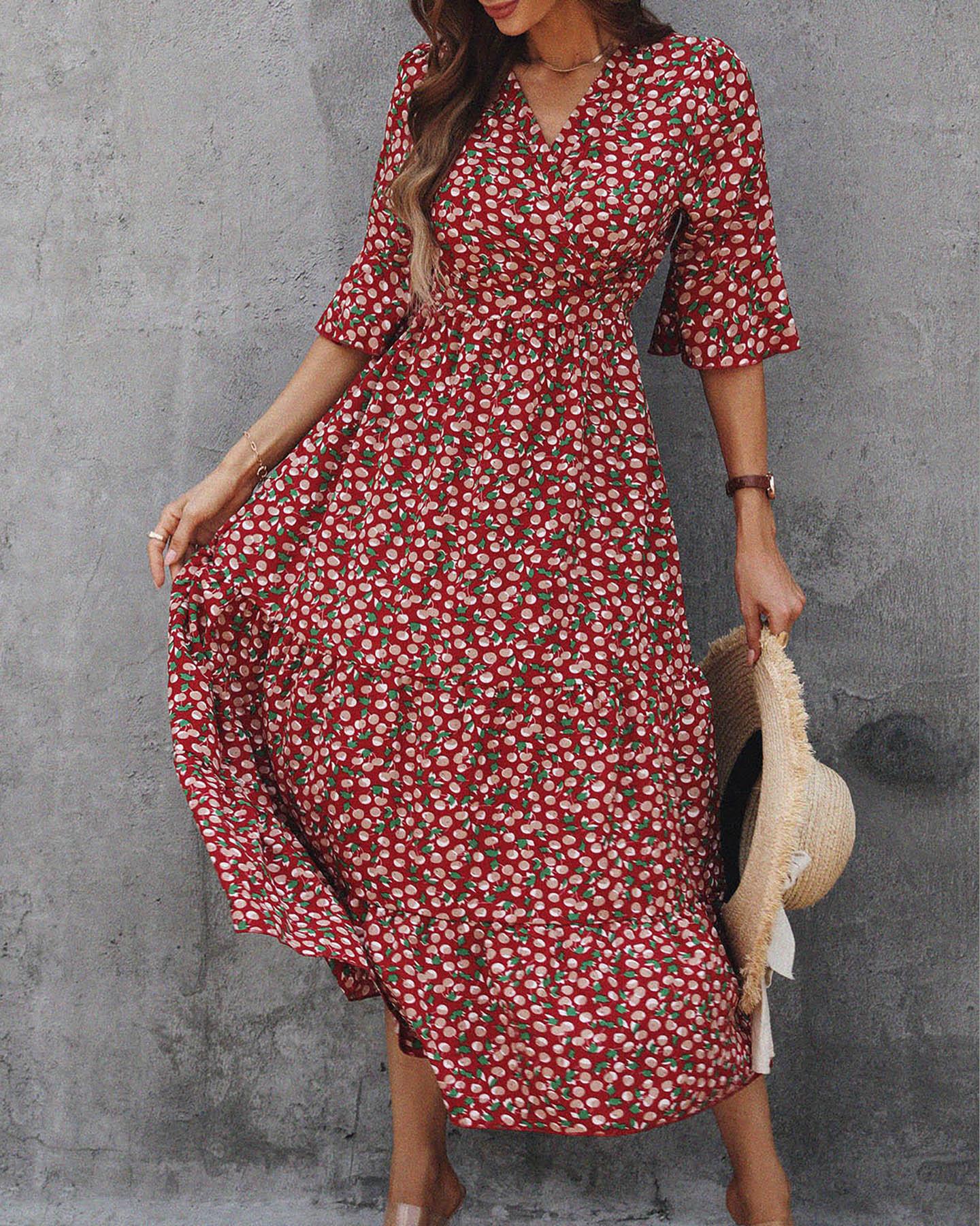 

Floral Print V-Neck Ruffles Casual Dress, Red