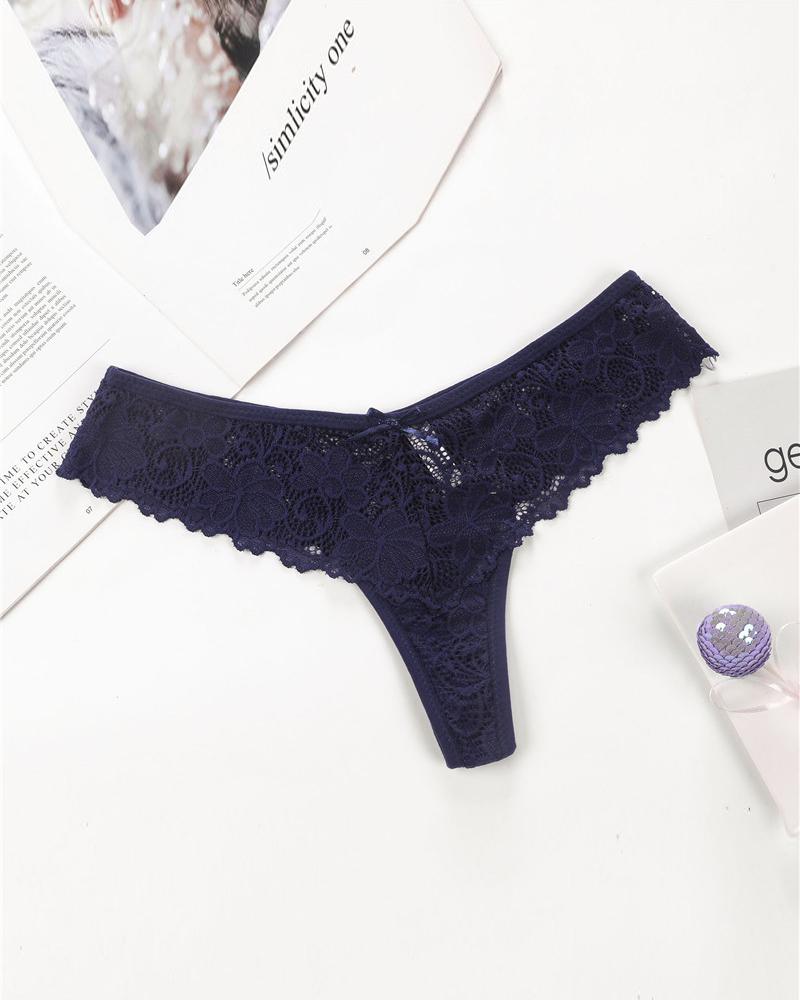 

Bowknot Decor Lace Thong Panty, Dark blue