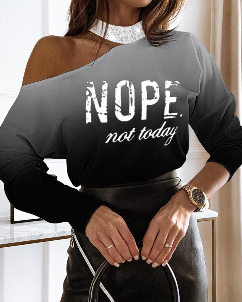 

Ombre Letter Print Cold Shoulder Long Sleeve Tee, Black