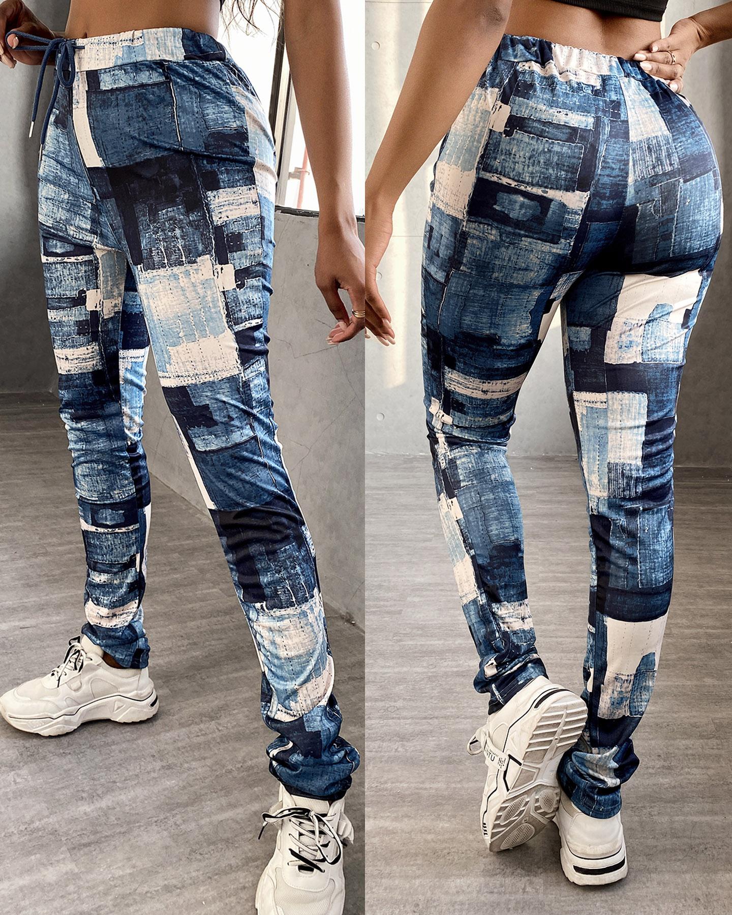 

High Waist Drawstring Folded Pants, Multicolor