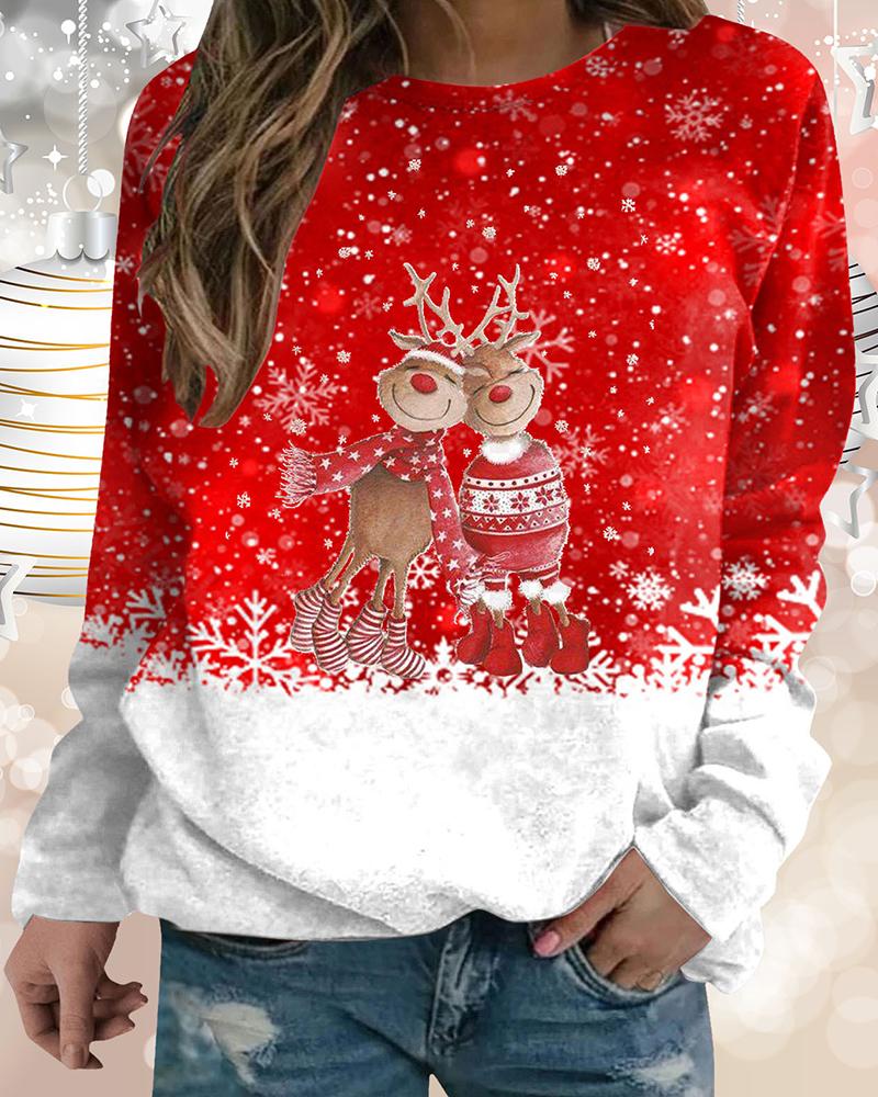 

Christmas Graphic Couple Elk Print Long Sleeve Sweatshirt, Red