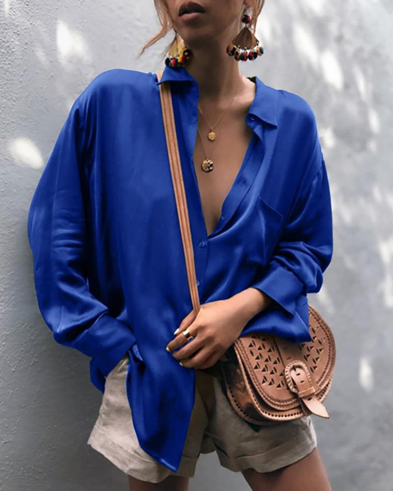 

Button Front Long Sleeve Satin Shirt, Dark blue
