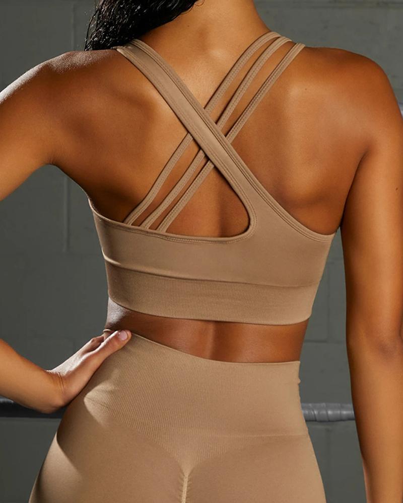 

Breathable Crisscross Backless Sports Bra, Coffee