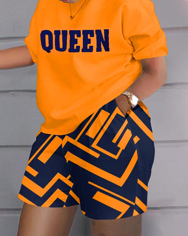 Plus Size Queen Geometric Print Casual Top & Shorts Set