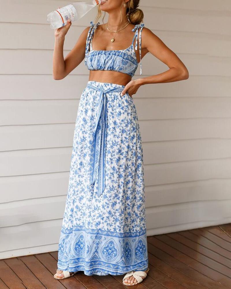 

Tie Strap U Neck Floral Print Top & Skirt Set, Blue