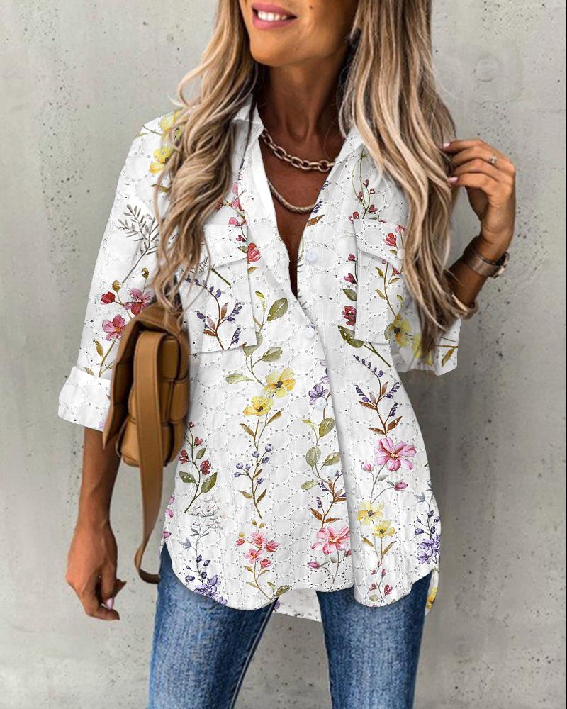 

Floral Pattern Long Sleeve Shirt Eyelet Embroidery Pocket Design Blouse Top, White