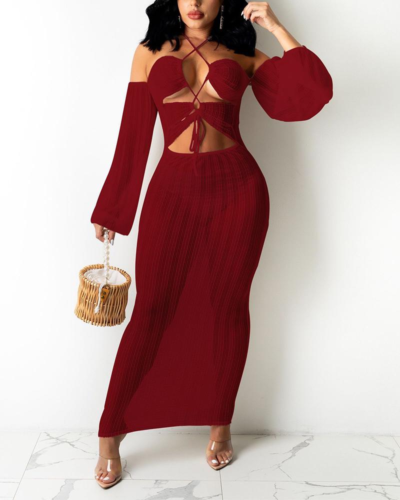 

Sheer Mesh Lantern Sleeve Cutout Halter Bodycon Dress, Wine red
