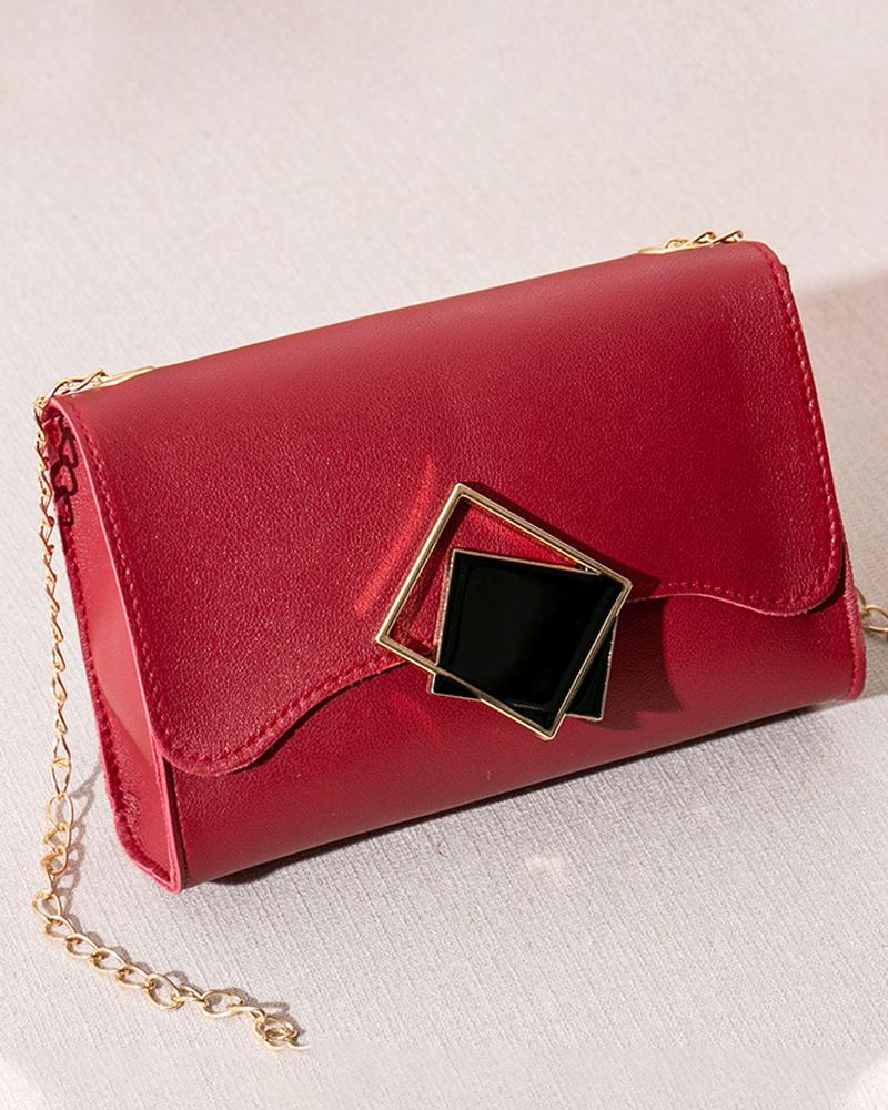 

Geo Lock Chain Strap Flap Shoulder Bag, Red