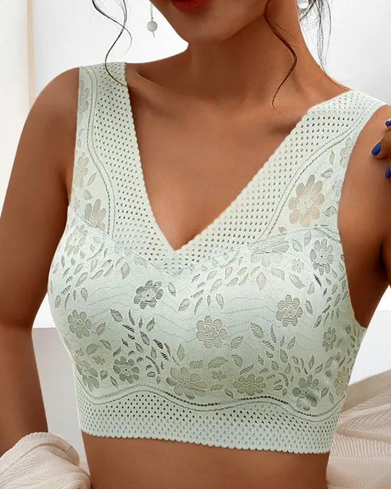 

Floral Lace Push Up Breathable Seamless Bra, Green