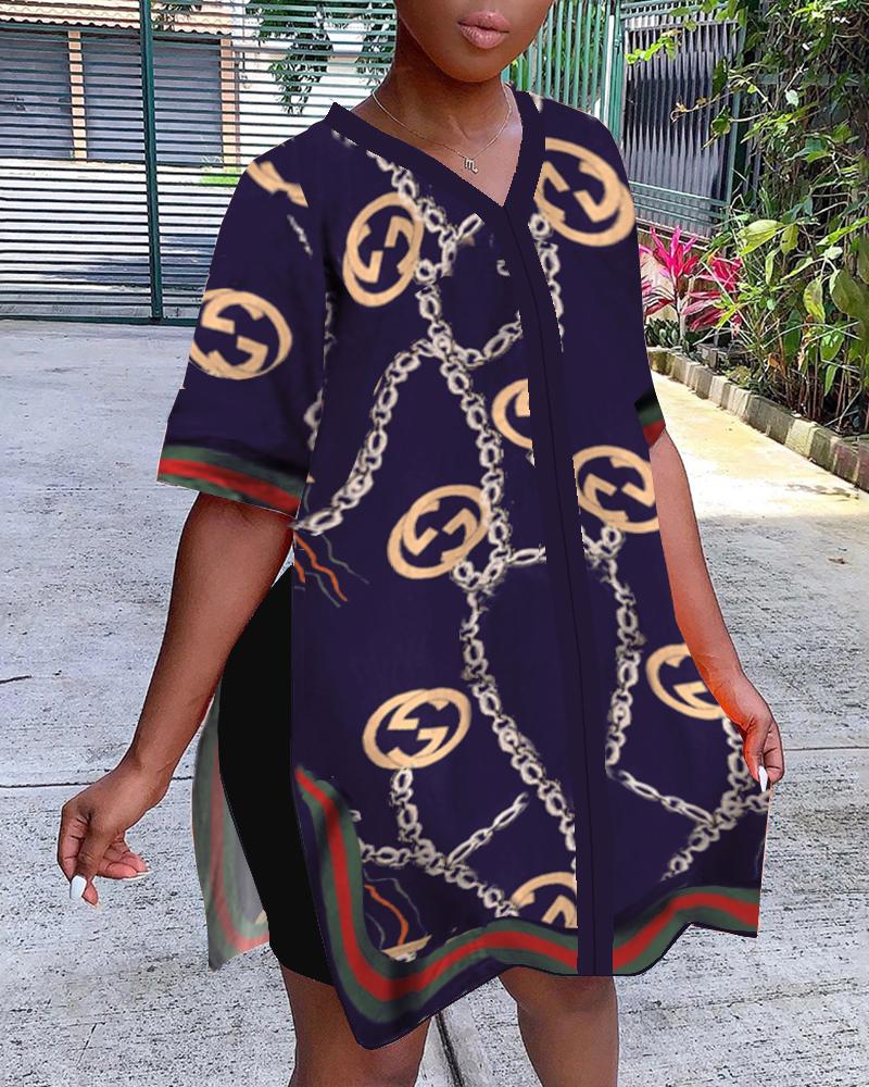 

Chain Print Short Sleeve Slit Top & Shorts Set, Blue