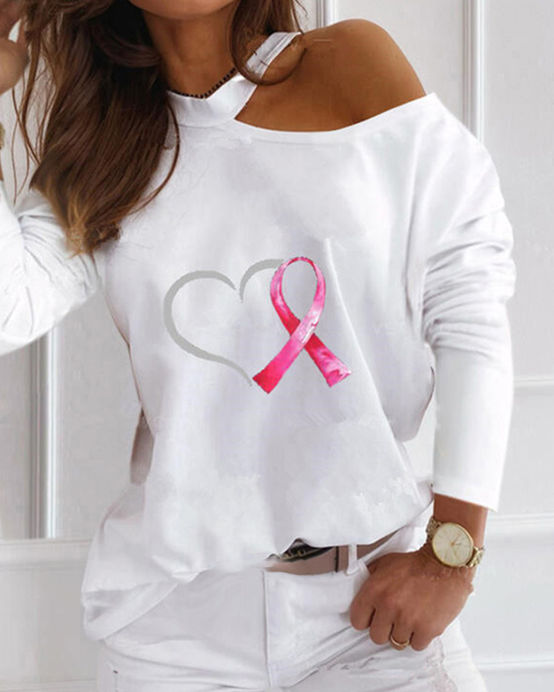 

Heart Print Cold Shoulder T-shirt, White
