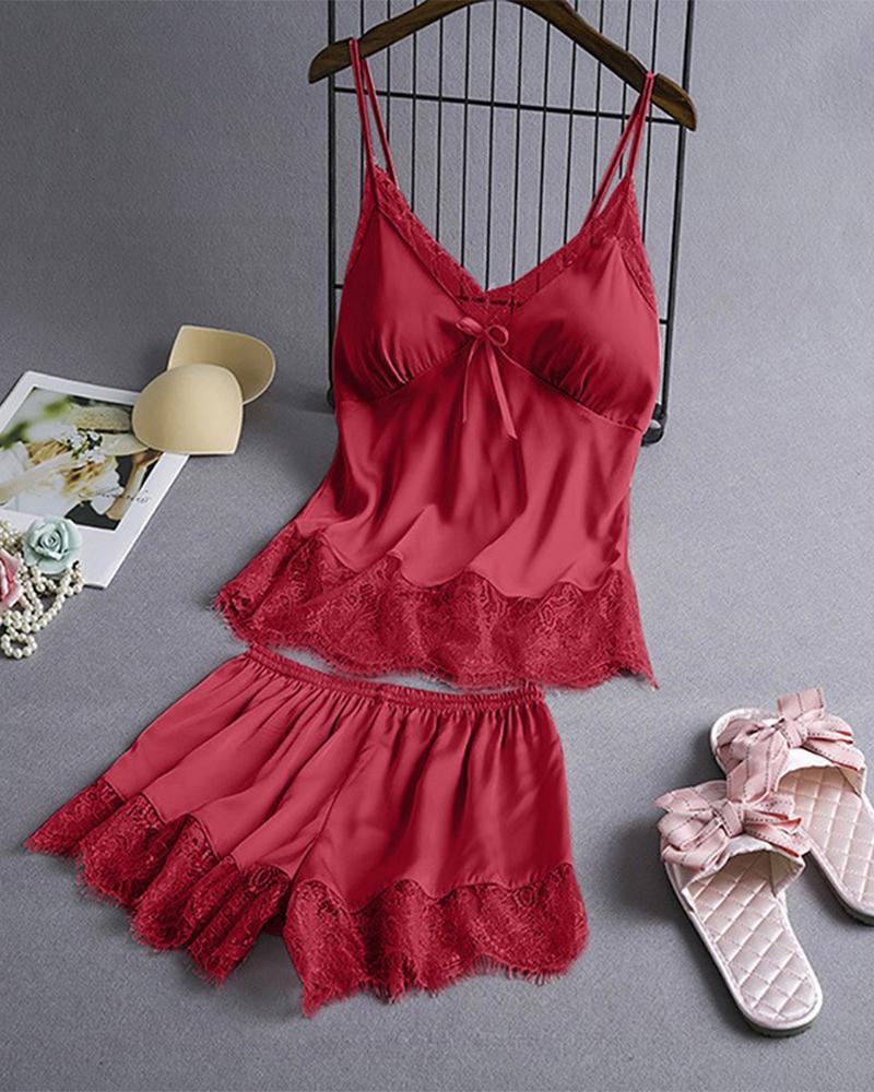 

Satin Contrast Lace Cami Top & Shorts PJ Set, Red