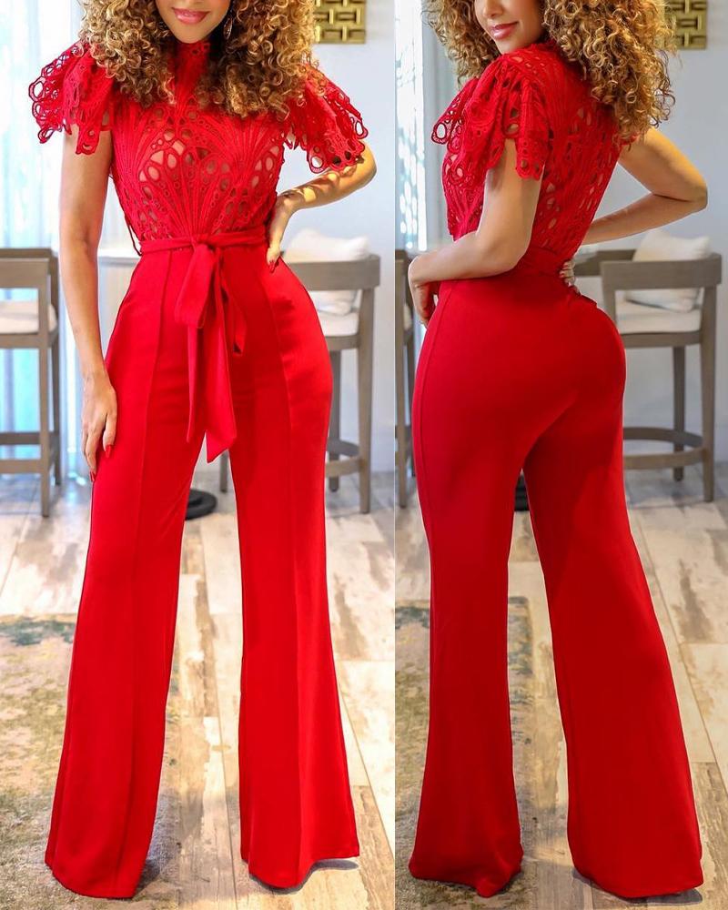 

Guipure Lace Patch Belted Jumpsuit, Red