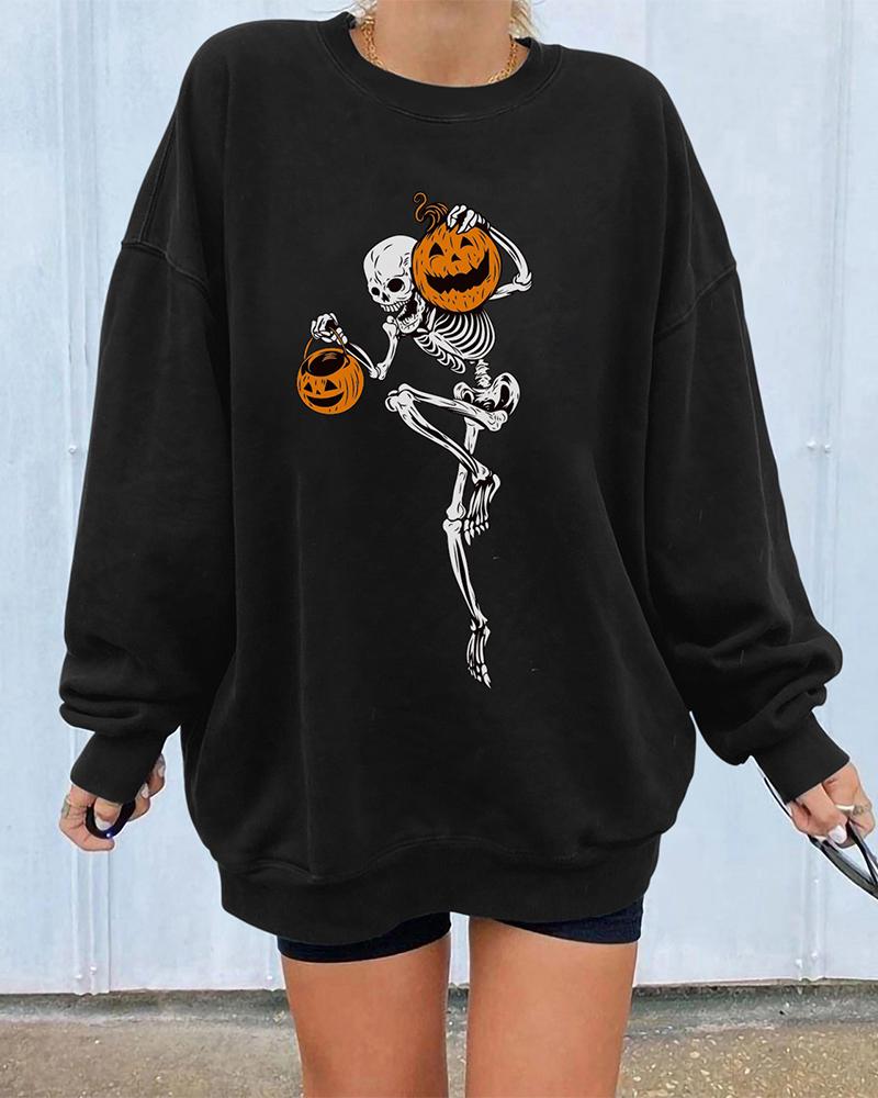 

Halloween Pumpkin Skeleton Print Long Sleeve Sweatshirt, Black