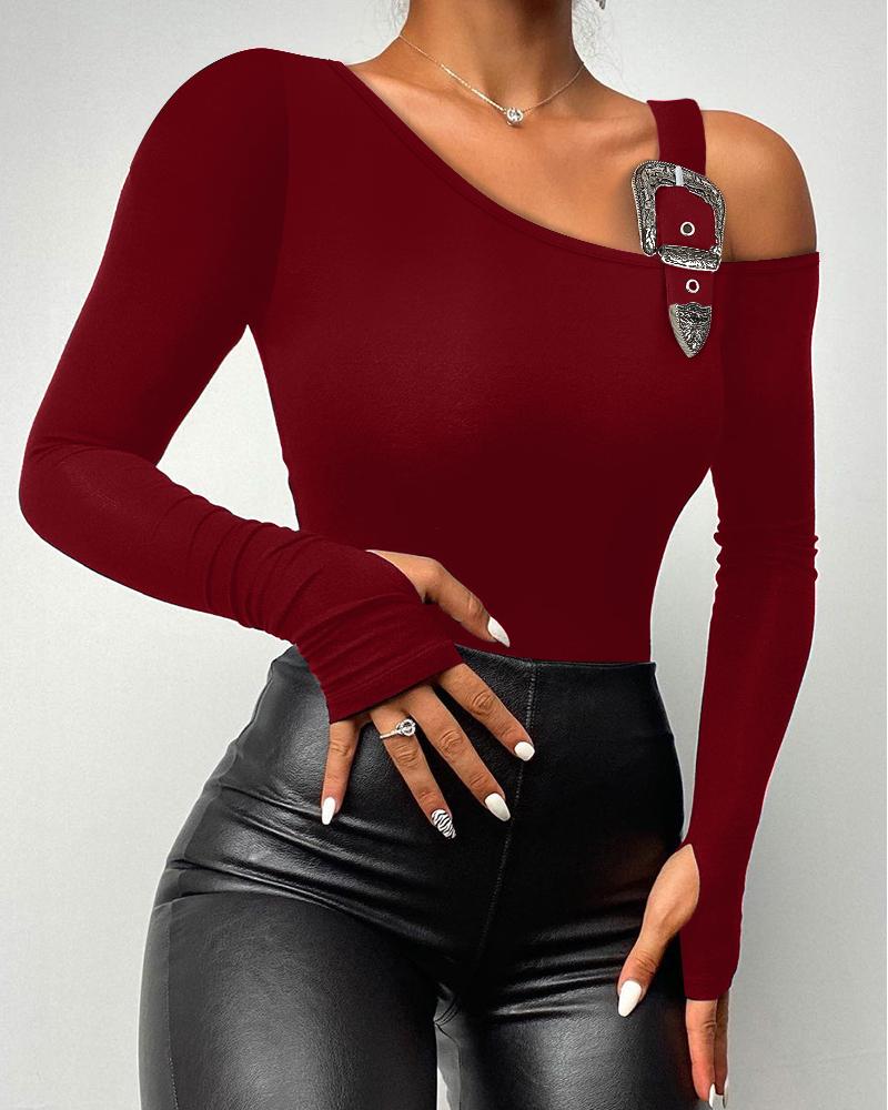 

Blusas ajustadas de manga larga, informales, con hombros descubiertos y hebillas, Wine red