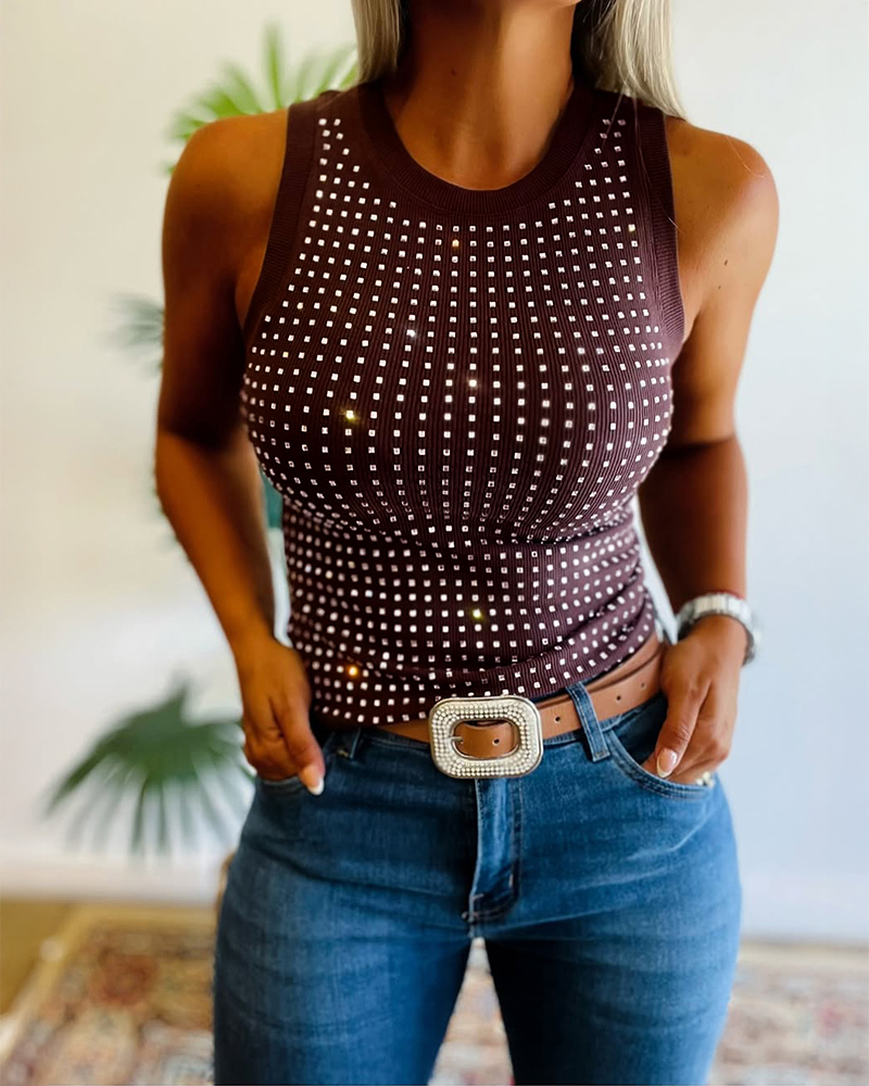 

Camiseta regata canelada de gola redonda com detalhes em strass, Coffee