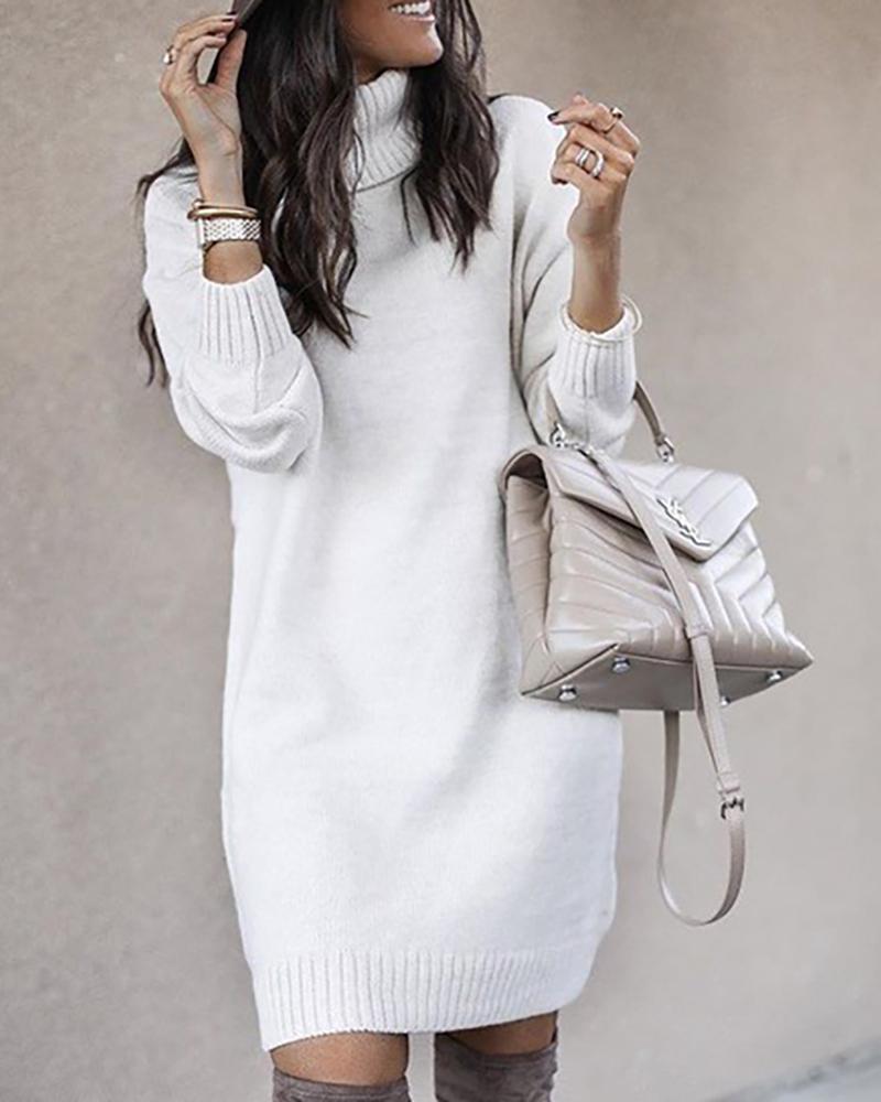 

High Neck Plain Long Sleeve Knit Sweater Dress, White