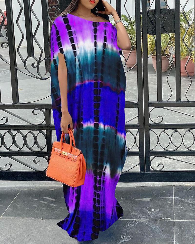 

Tie Dye Print Short Sleeve Casual Dress, Purple