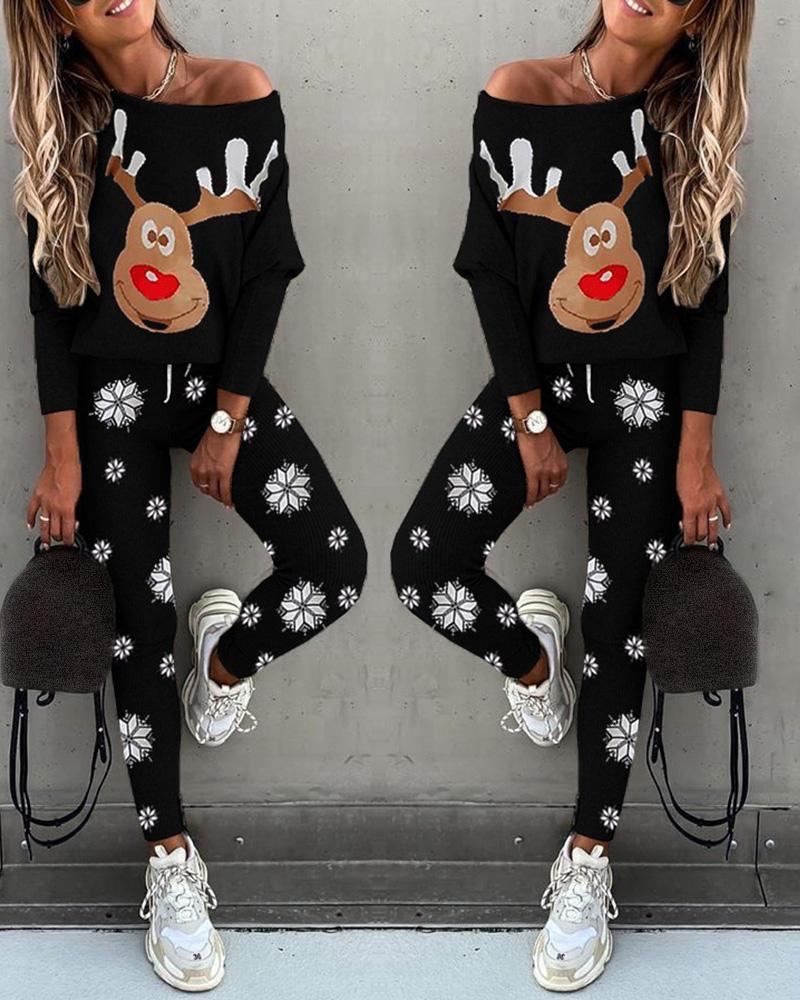 

Christmas Moose Print Women Top & Snowflake Print Pants Set, Black