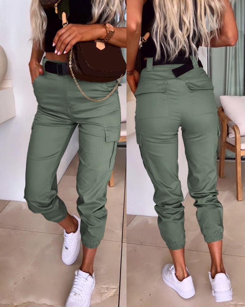 

High Waist Pocket Design Cuffed Pants, Army green