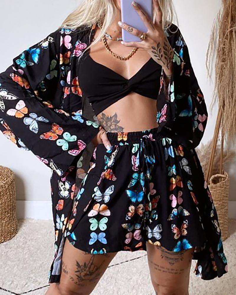 

Butterfly Print Cardigan & Pocket Design Shorts Set, Black