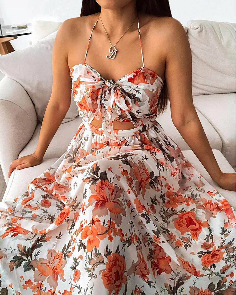 

Floral Print Halter Lace Up Cutout Maxi Dress, White