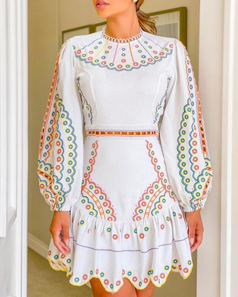 

Lace Trim Colorblock Lantern Sleeve Dress, White