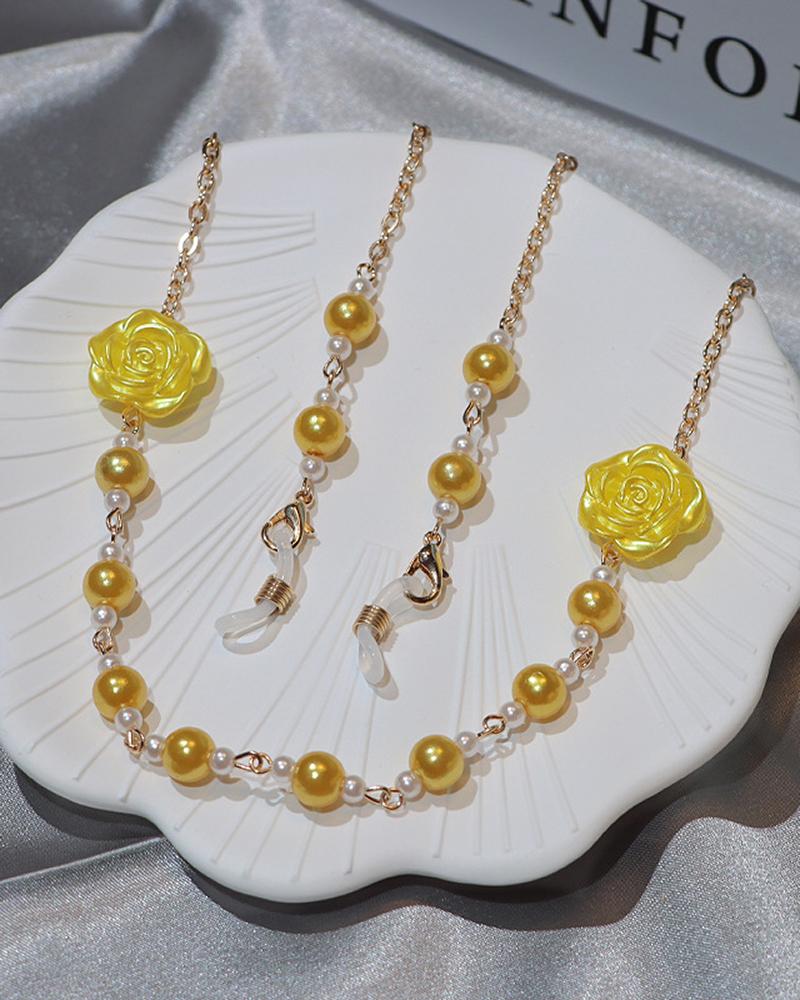 

Floral Pattern Beaded Sunglasses Chain Strap Holder Mask Lanyard Necklace Eyewear Retainer, Yellow
