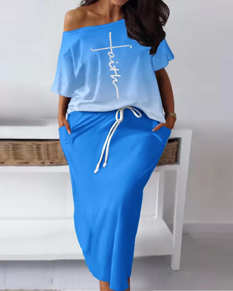 

Plus Size Faith Print Ombre Skew Neck Top & Skirt Set, Blue