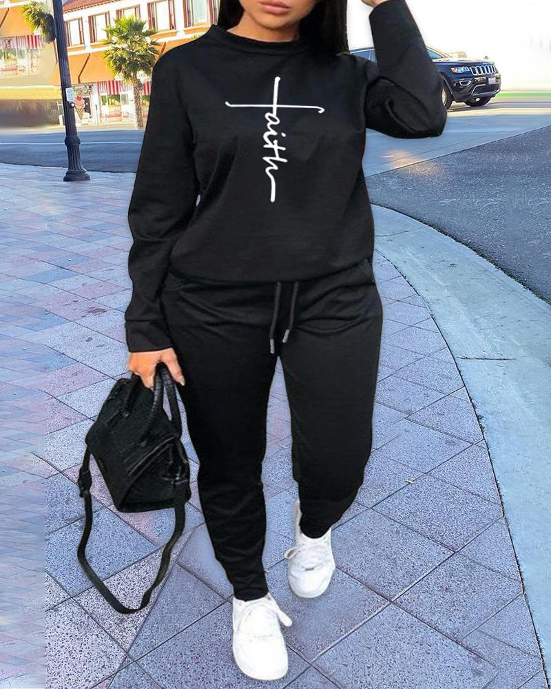 

Plus Size Faith Print Sweatshirt & Drawstring Sweatpants Set, Black