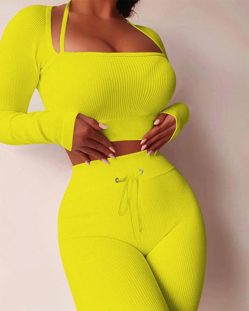 

Long Sleeve Crop Top & Drawstring High Waist Pants Set, Yellow