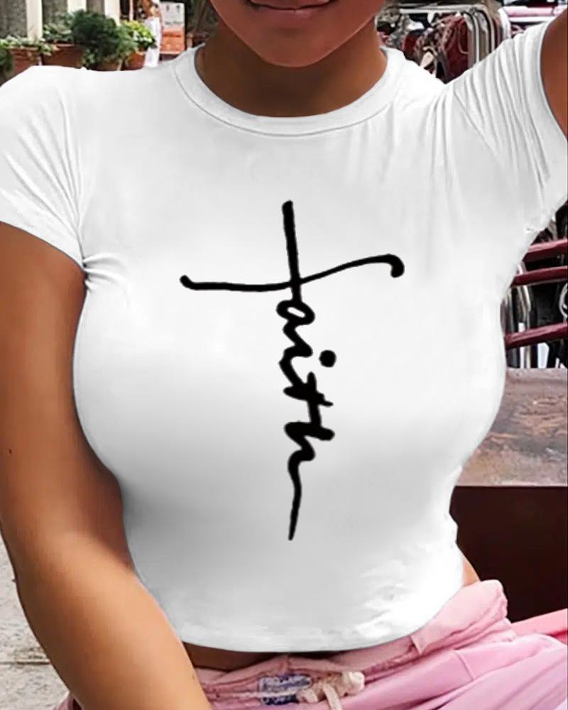 

Plus Size Letter Print Short Sleeve Casual T-shirt, White