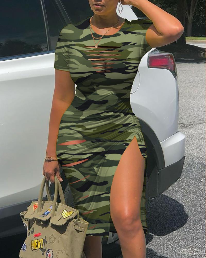 

Camouflage Print Drawstring Ruched Slit Dress, Camoflage