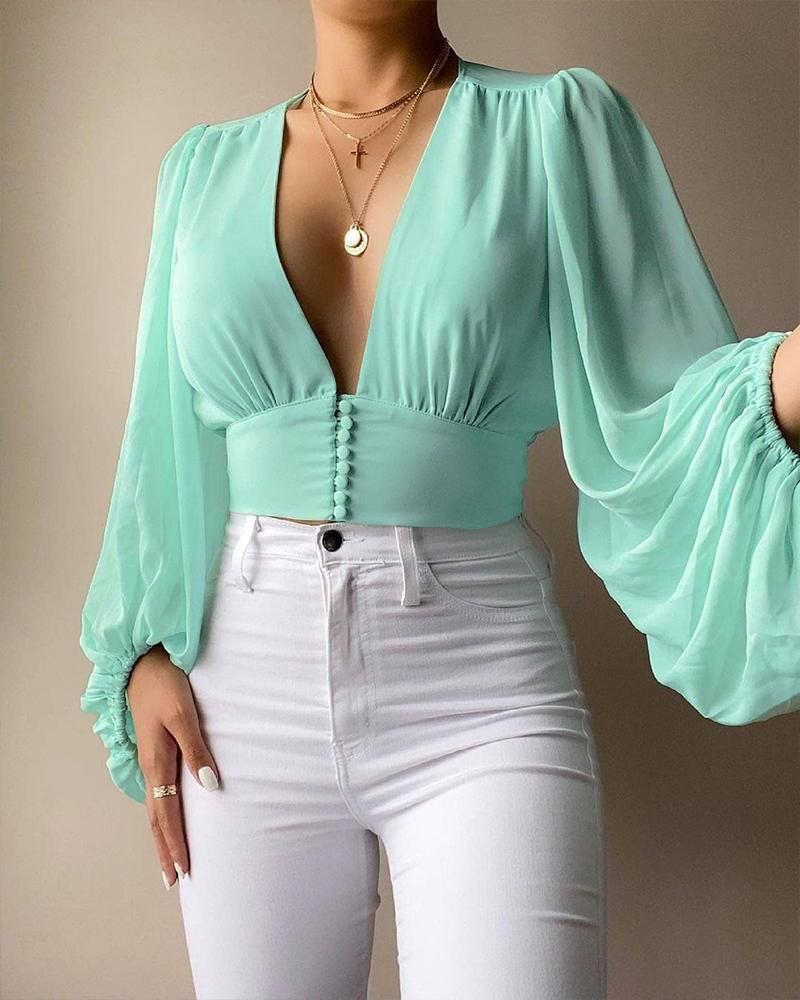 

Lantern Sleeve Plunging Neck Button Front Top, Green