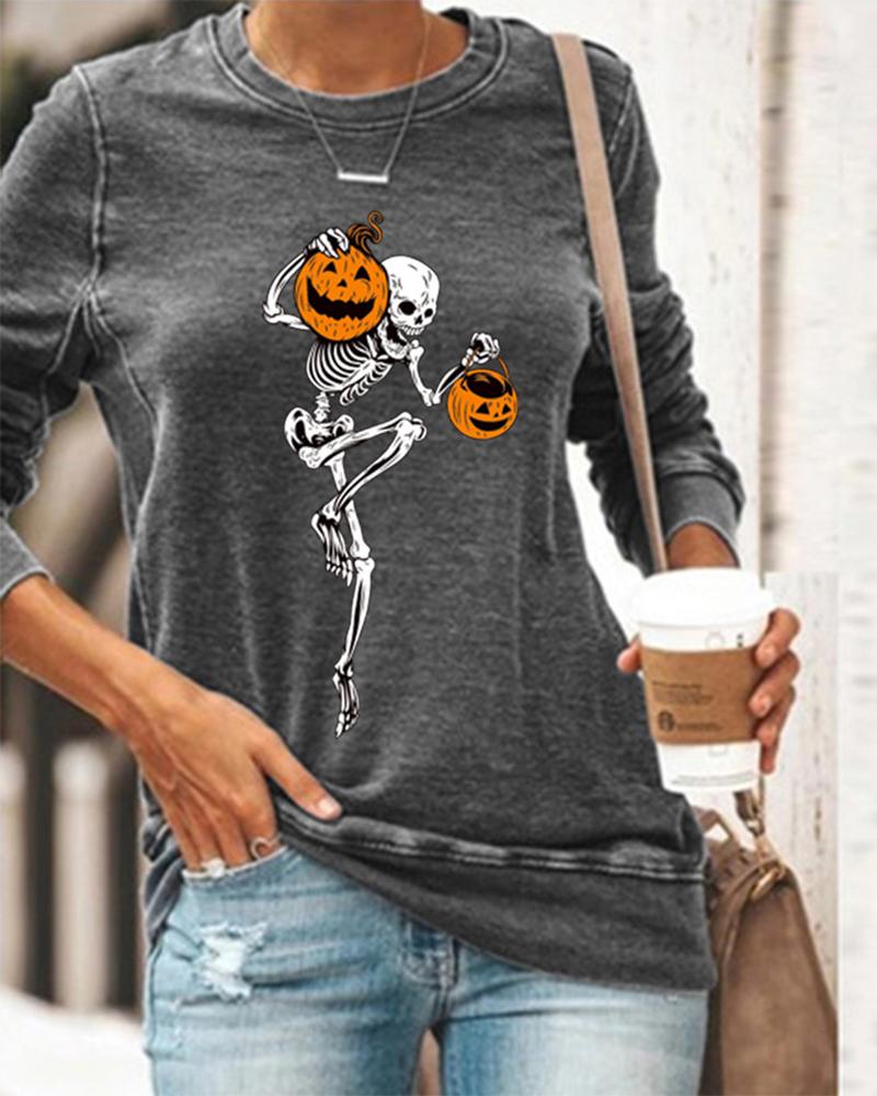 

Halloween Skull Skeleton Pumpkin Print Top, Gray