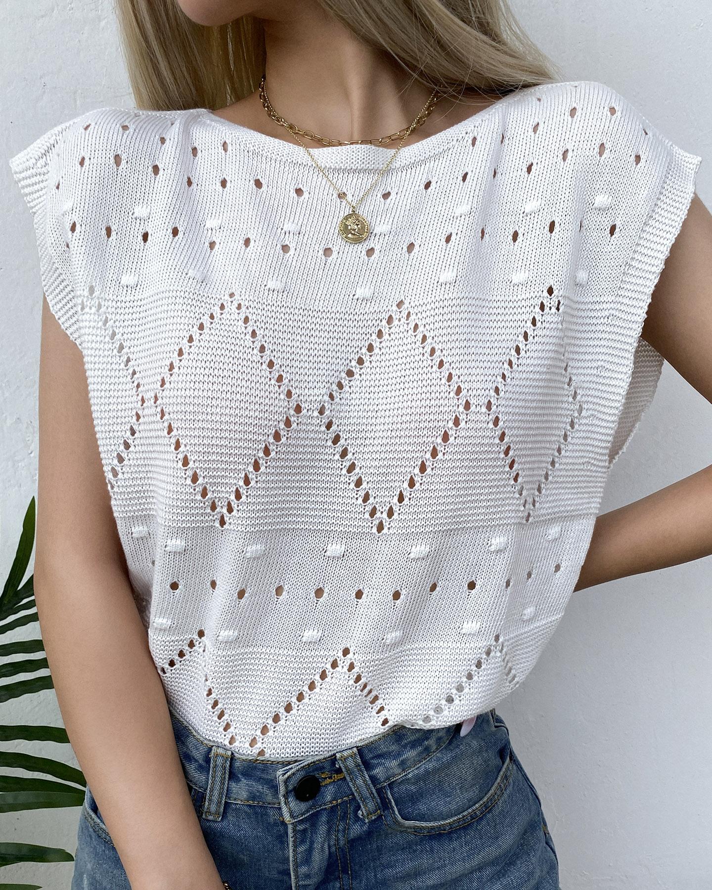 

Short Sleeve Hollow Out Loose Sweater, White
