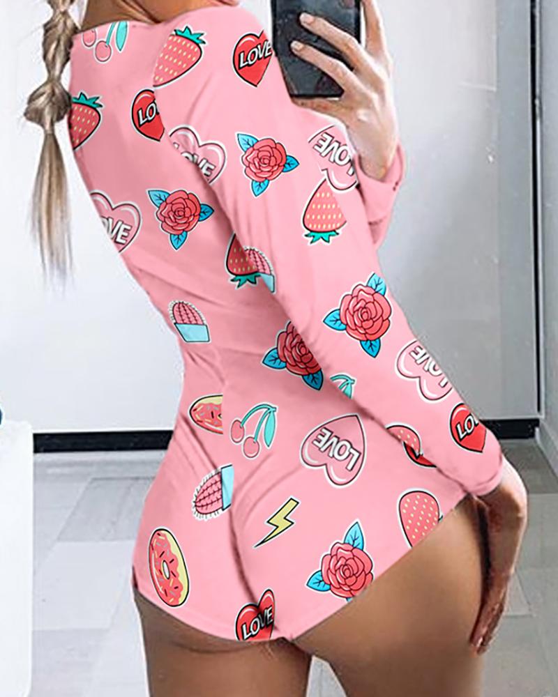 

Fruit Print Long Sleeve Romper, Pink