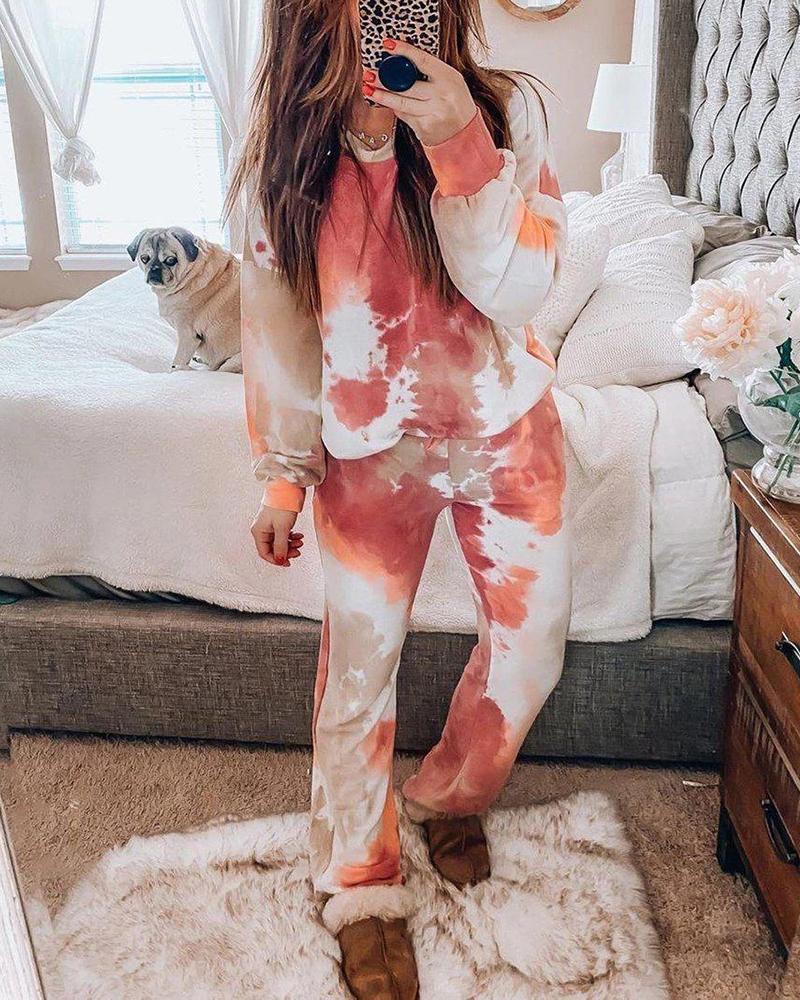 

Tie Dye Print Long Sleeve Top & Pants Set, Orange