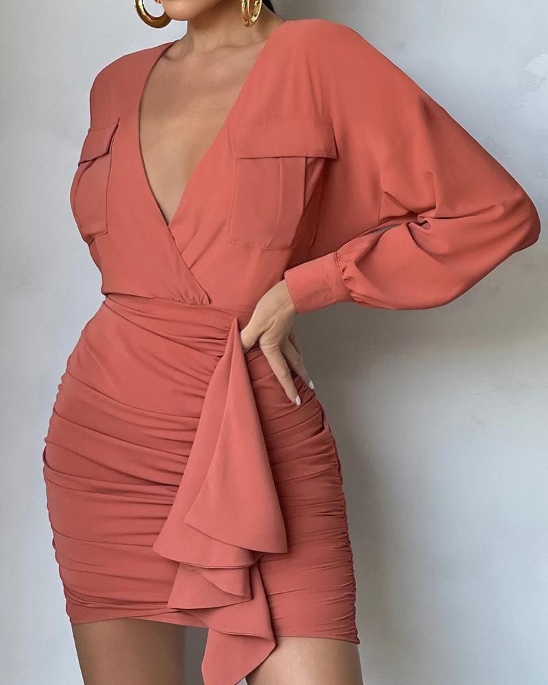 

V-Neck Ruffles Ruched Zipper Pocket Bodycon Dress, Red