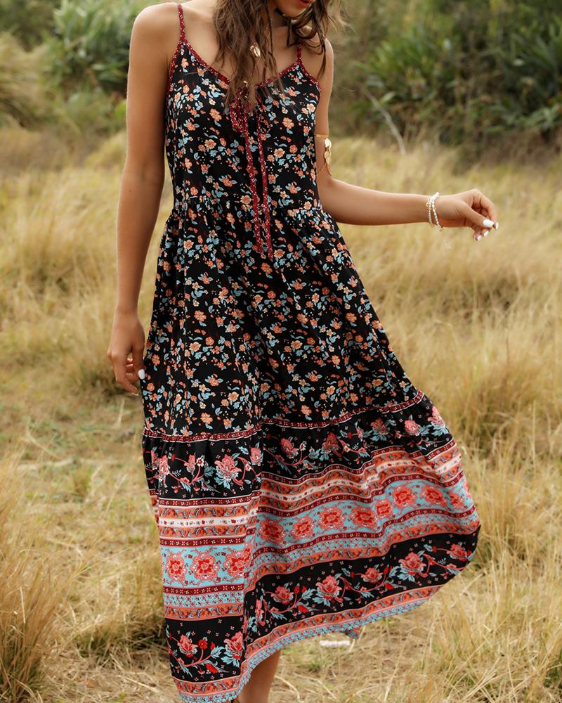 

Tie Front Spaghetti Strap Floral Print Dress, Black