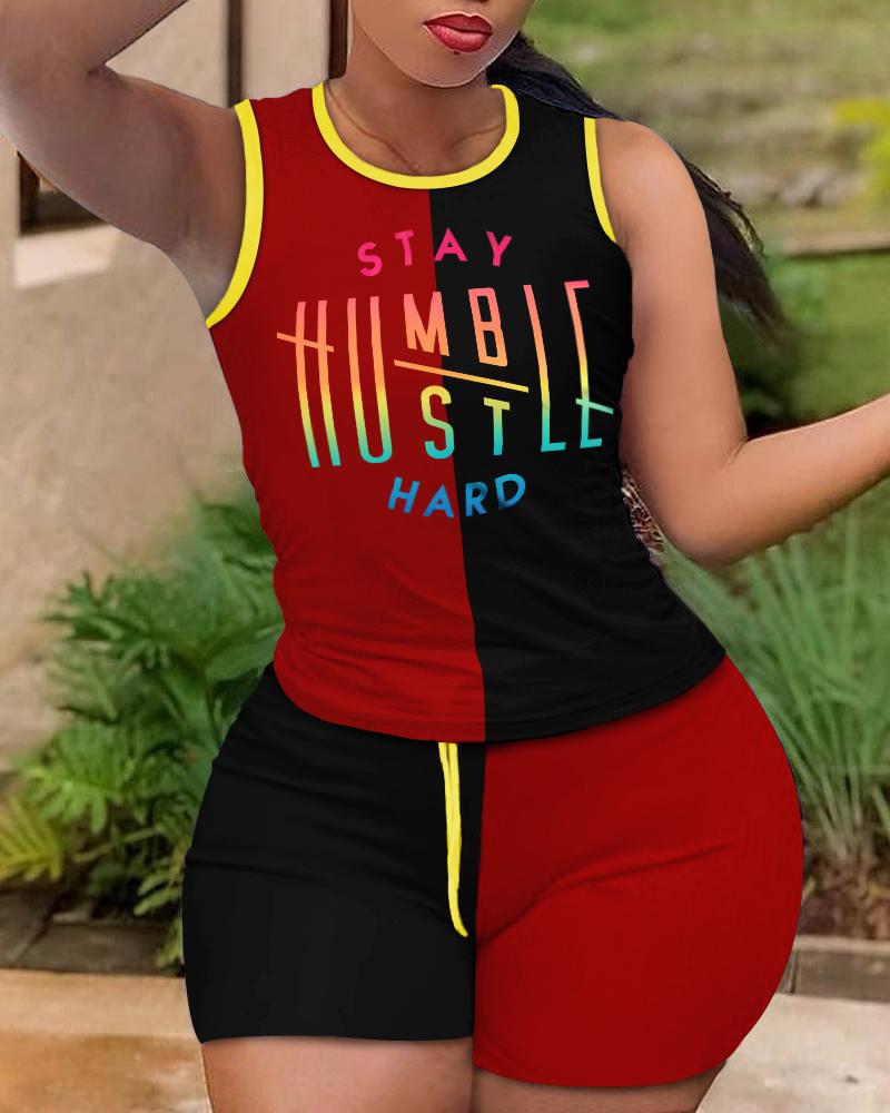 

Letter Print Colorblock Tank Top & Shorts Set, Red