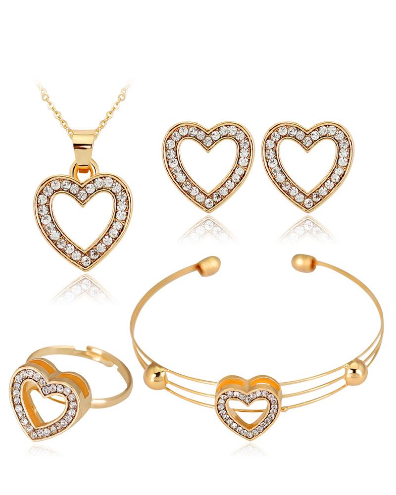 

4pcs Hollow Out Heart Rhinestone Necklace & Earrings & Bracelet & Ring Jewelry Set, Gold