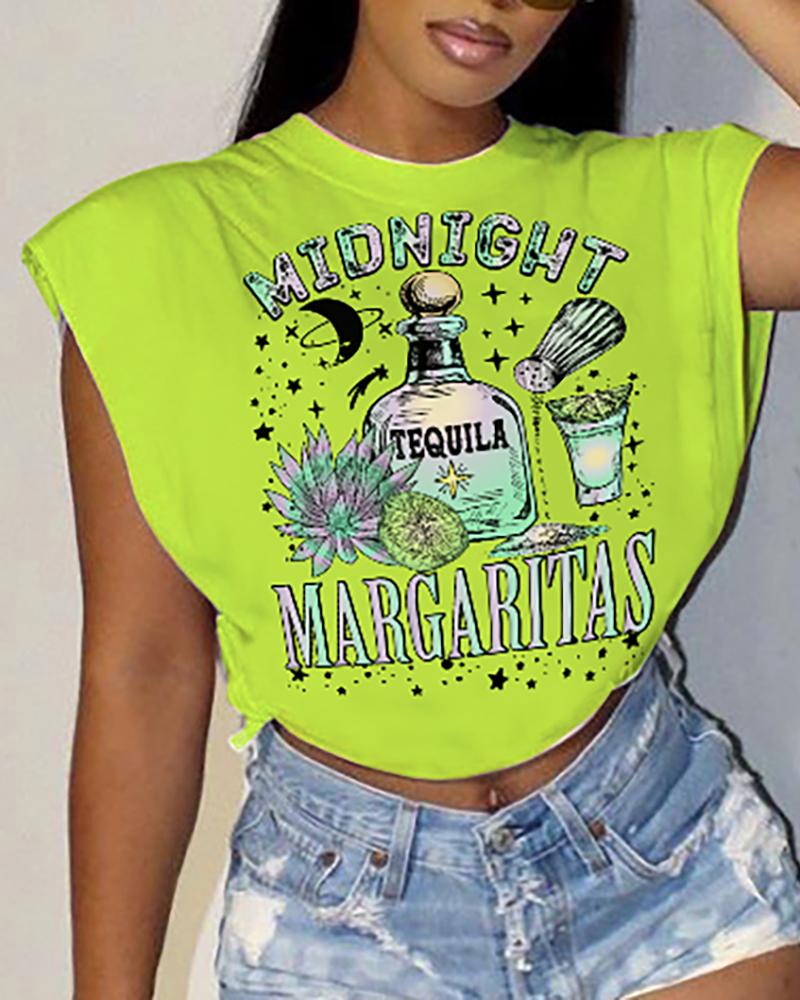 

Cap Sleeve Graphic Letter Print T-shirt, Green