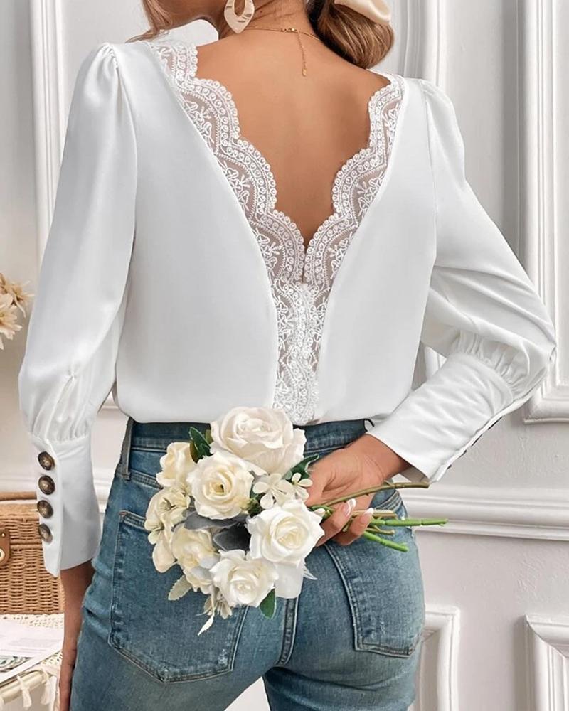 

Gigot Sleeve Backless Lace Patch Top, White