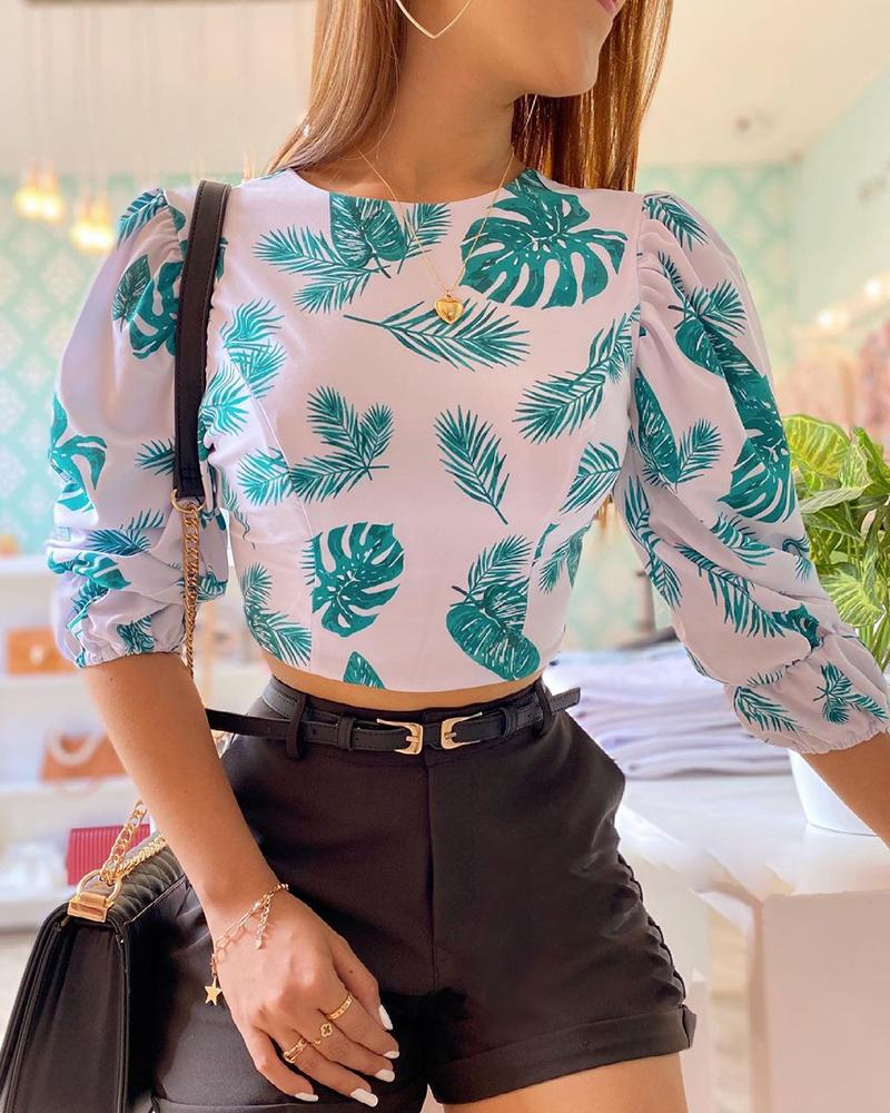 

Tied Detail Backless Puff Sleeve Tropical Print Top, Green