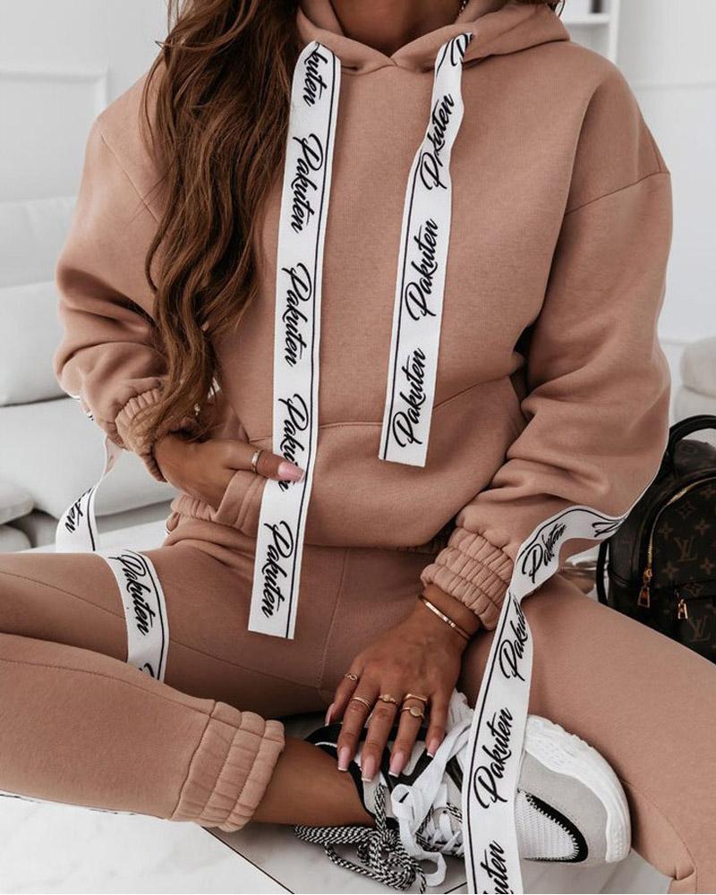 

Letter Tape Pocket Detail Hoodie & Pants Set, Khaki
